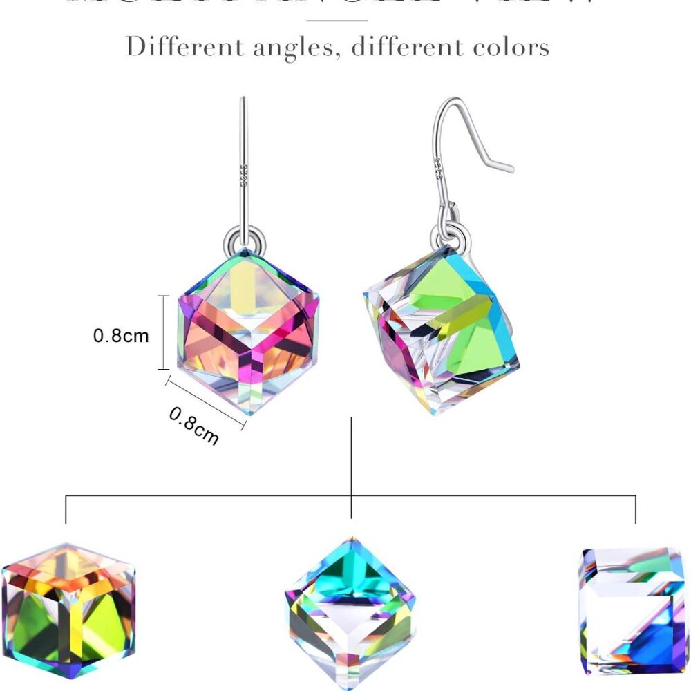 S925 Sterling Silver Cube Earrings Crystals for Women with Exquisite Unique Gift - Picture 4 of 6